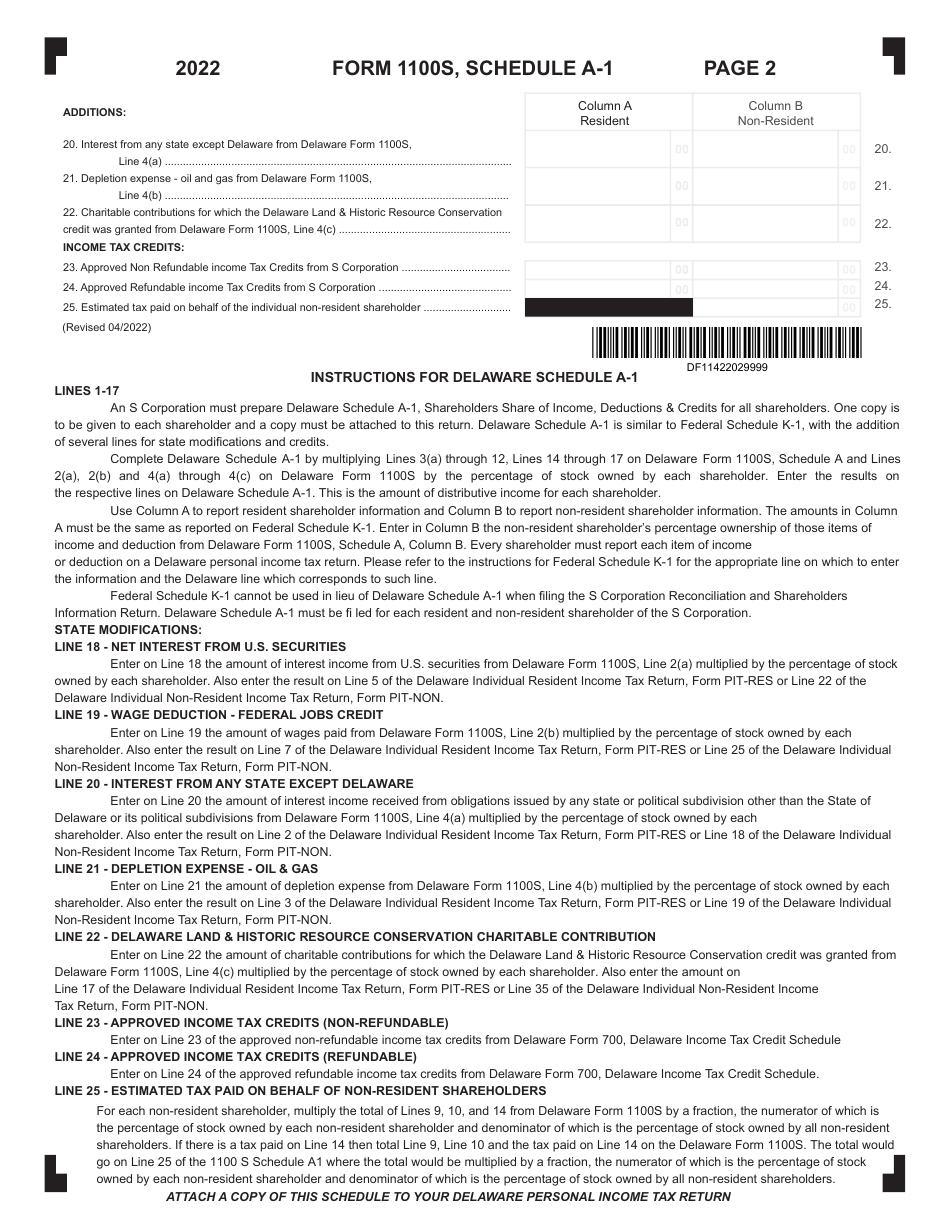 Form 1100S Schedule A-1 S Corporation Shareholders Information Return - Shareholders Share of Income, Deductions  Credits - Delaware, Page 2
