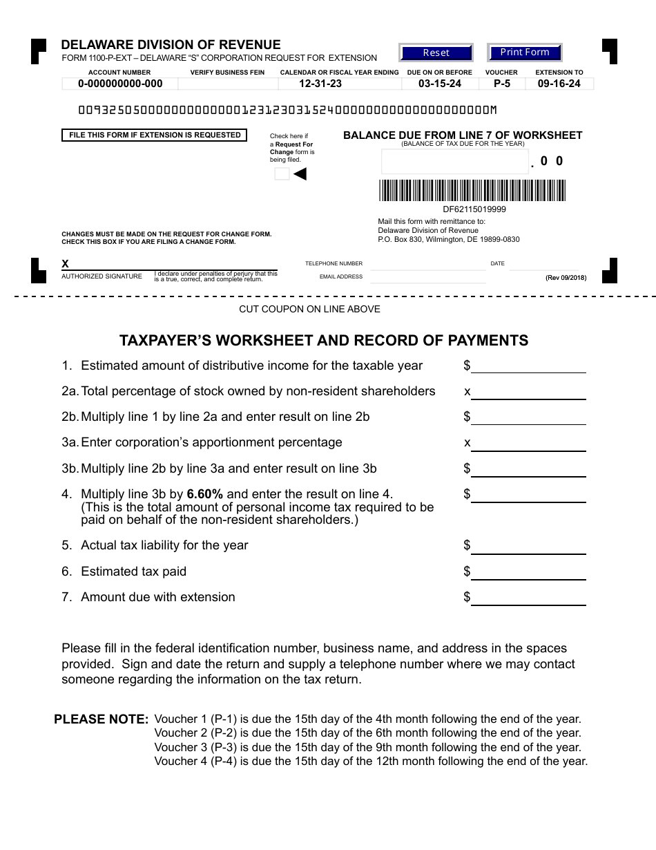 Form 1100PEXT Download Fillable PDF or Fill Online Delaware S