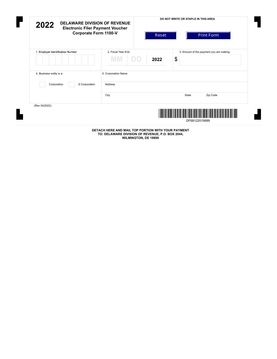 Form 1100-V Electronic Filer Payment Voucher - Delaware, Page 1