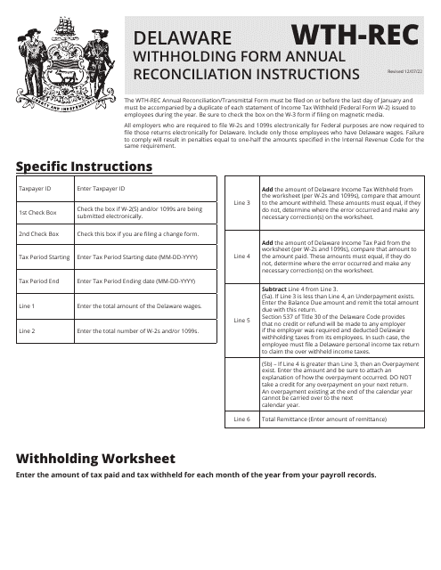Instructions for Form WTH-REC Annual Reconciliation of Delaware Income Tax Withheld - Delaware