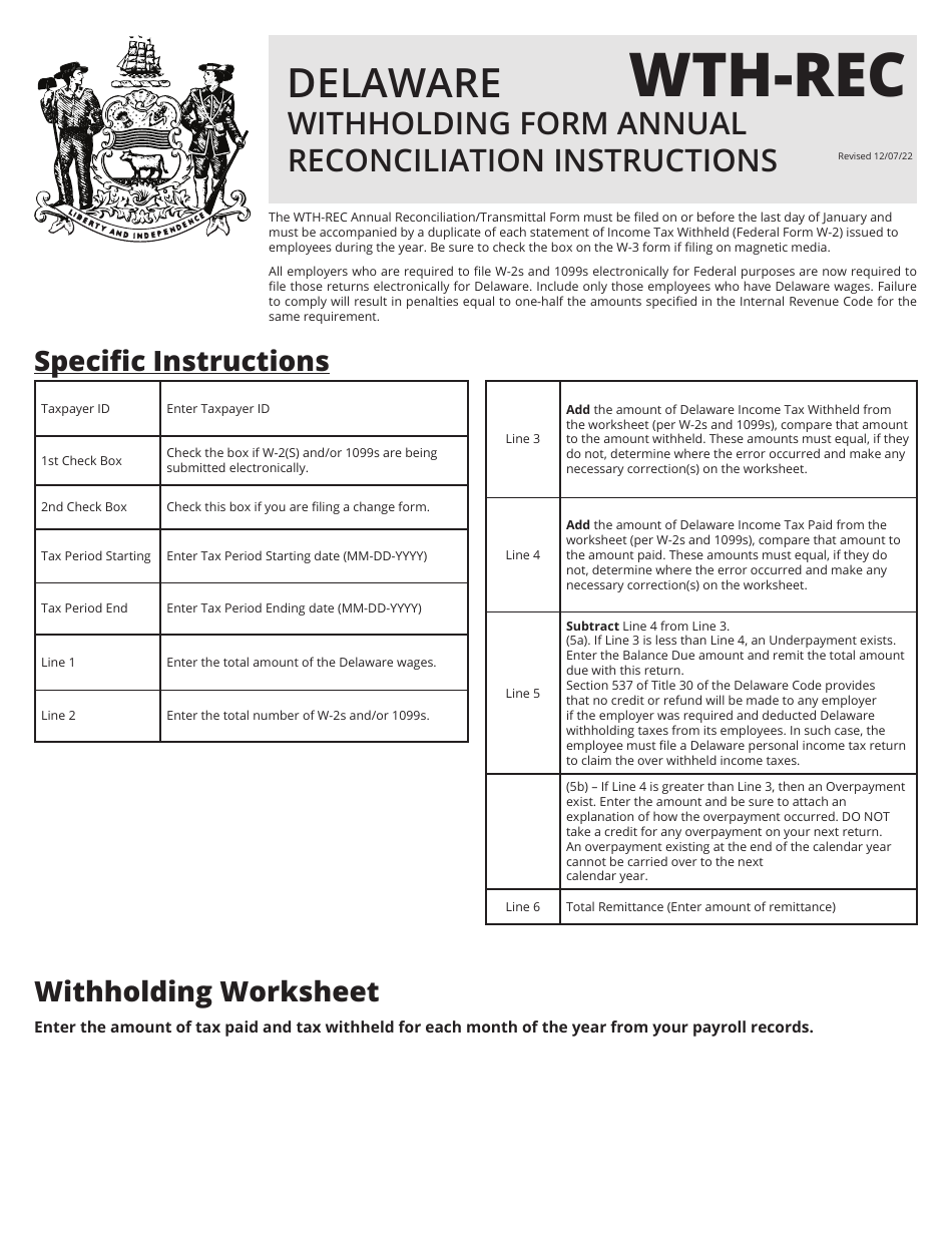 Instructions for Form WTH-REC Annual Reconciliation of Delaware Income Tax Withheld - Delaware, Page 1