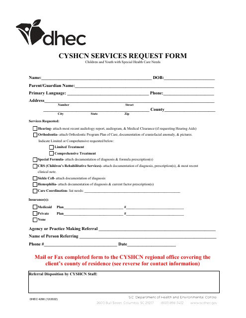 DHEC Form 4290  Printable Pdf