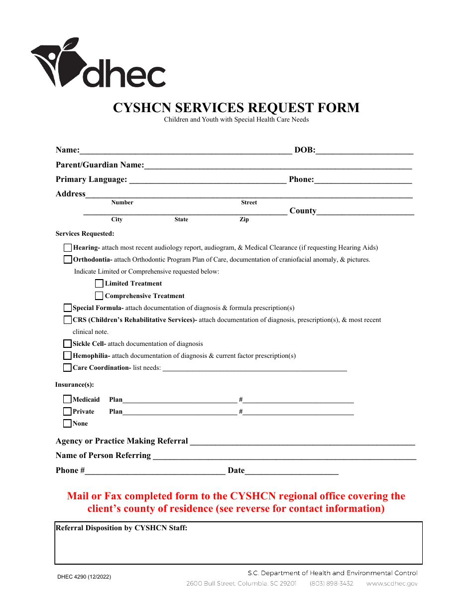 DHEC Form 4290 Cyshcn Services Request Form - South Carolina, Page 1