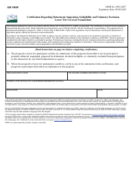 Document preview: Form AD-1048 Certification Regarding Debarment, Suspension, Ineligibility and Voluntary Exclusion Lower Tier Covered Transactions