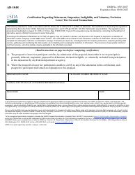 Form AD-1048 Certification Regarding Debarment, Suspension, Ineligibility and Voluntary Exclusion Lower Tier Covered Transactions