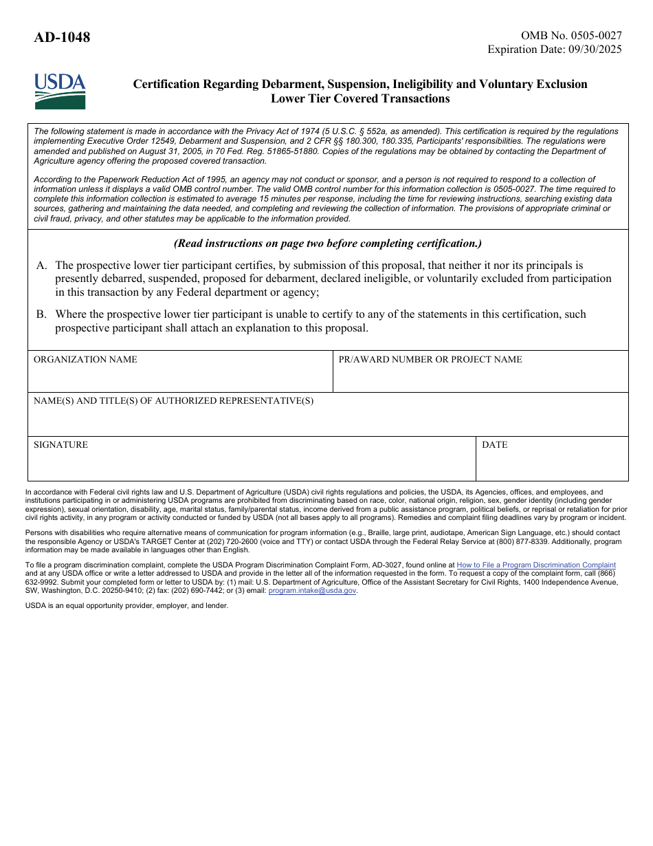 Form AD-1048 Certification Regarding Debarment, Suspension, Ineligibility and Voluntary Exclusion Lower Tier Covered Transactions, Page 1