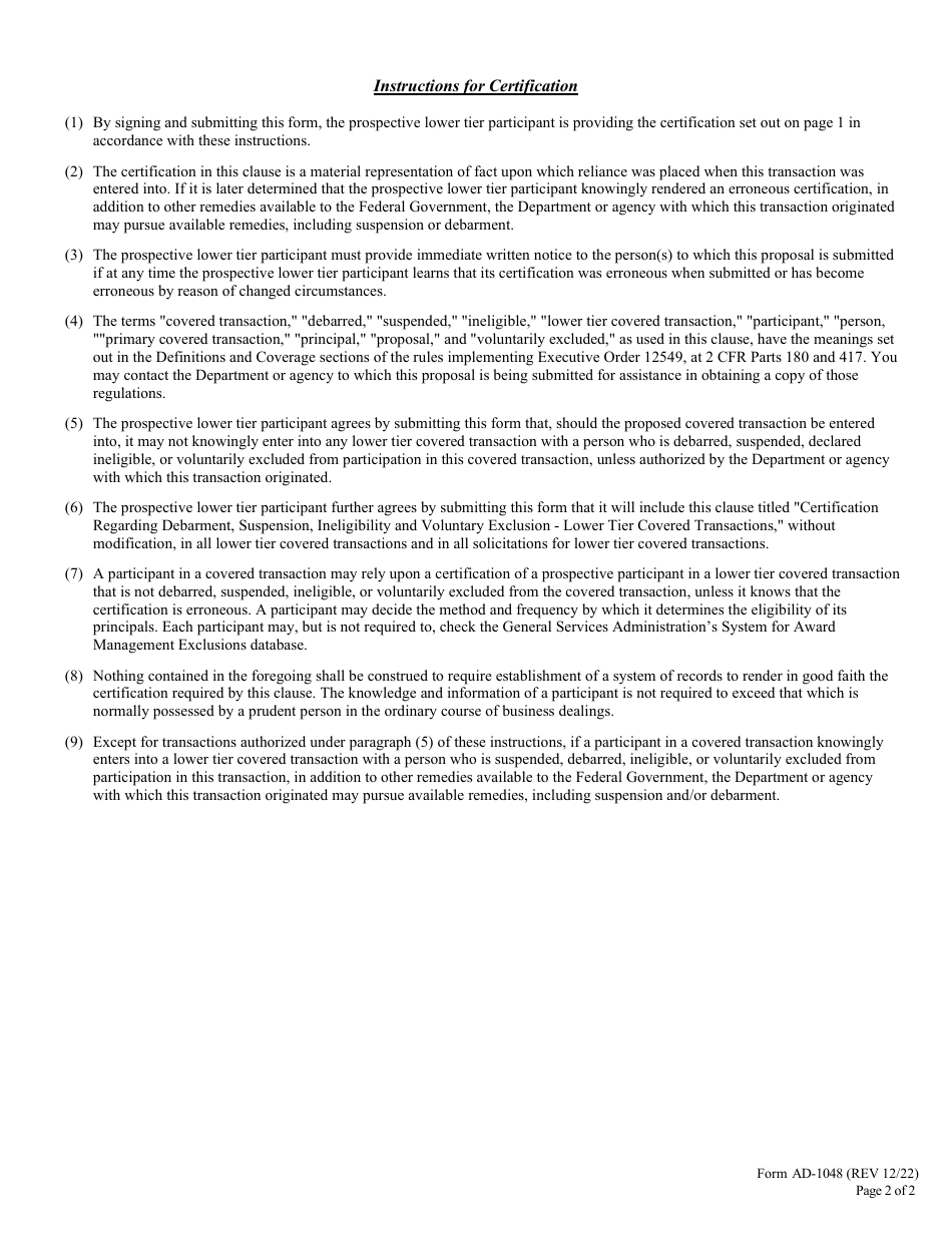 Form AD-1048 Certification Regarding Debarment, Suspension, Ineligibility and Voluntary Exclusion Lower Tier Covered Transactions, Page 2