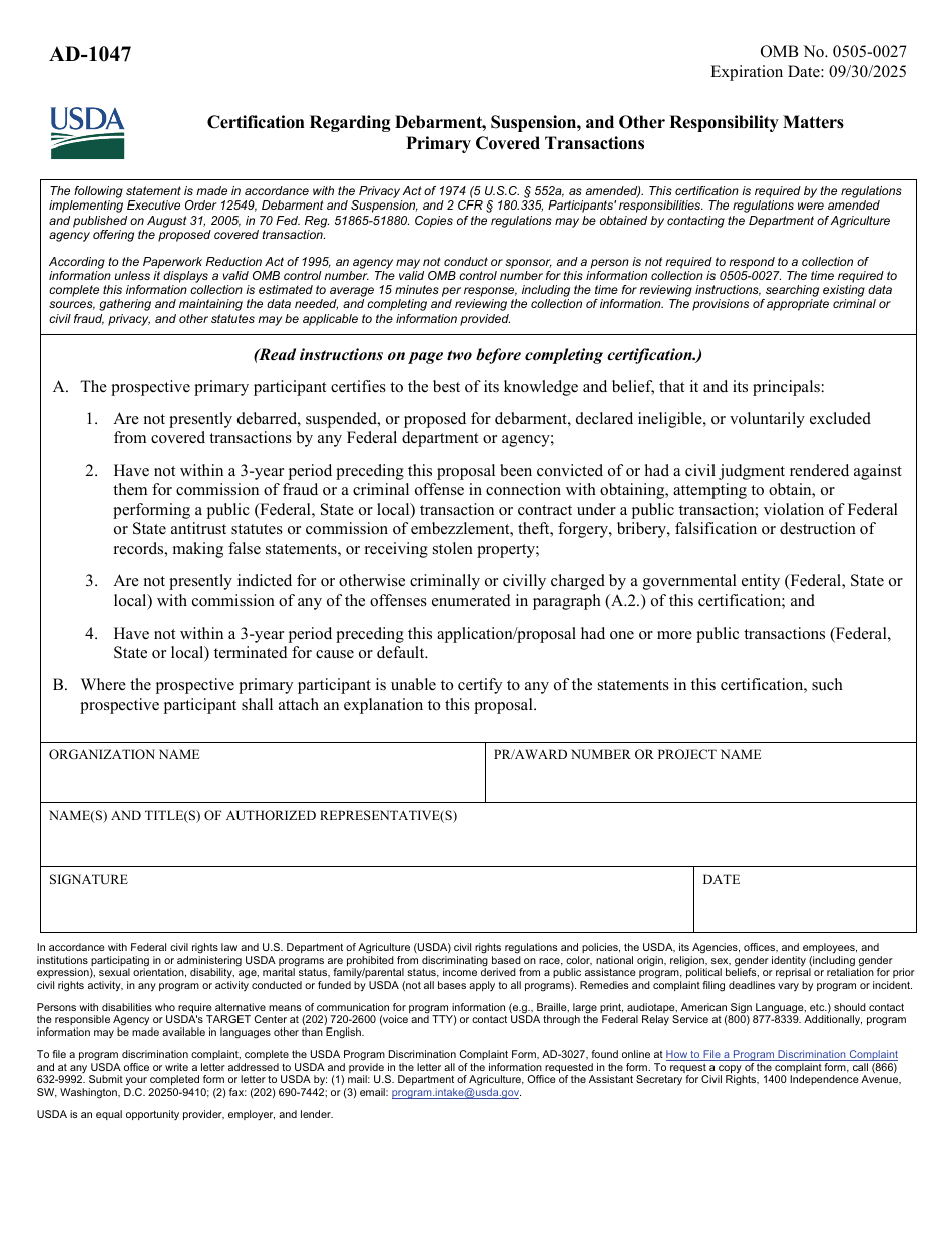 Form AD-1047 Certification Regarding Debarment, Suspension, and Other Responsibility Matters Primary Covered Transactions, Page 1
