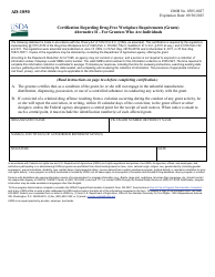 Document preview: Form AD-1050 Certification Regarding Drug-Free Workplace Requirements (Grants) Alternative II - for Grantees Who Are Individuals