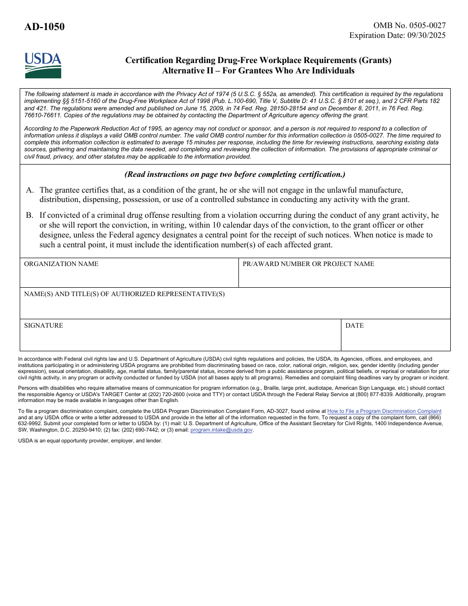 Form AD-1050 Certification Regarding Drug-Free Workplace Requirements (Grants) Alternative II - for Grantees Who Are Individuals, Page 1