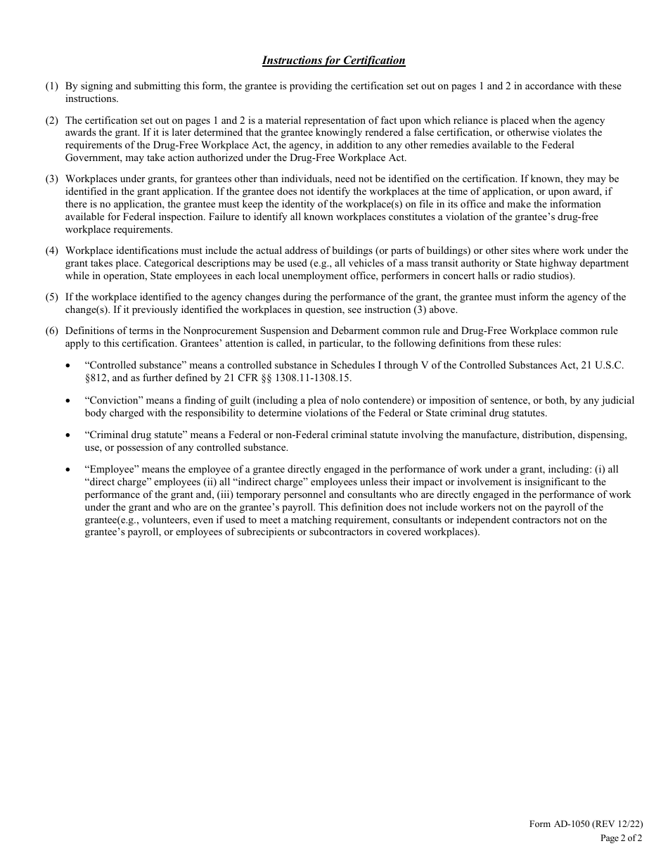 Form AD-1050 Certification Regarding Drug-Free Workplace Requirements (Grants) Alternative II - for Grantees Who Are Individuals, Page 2
