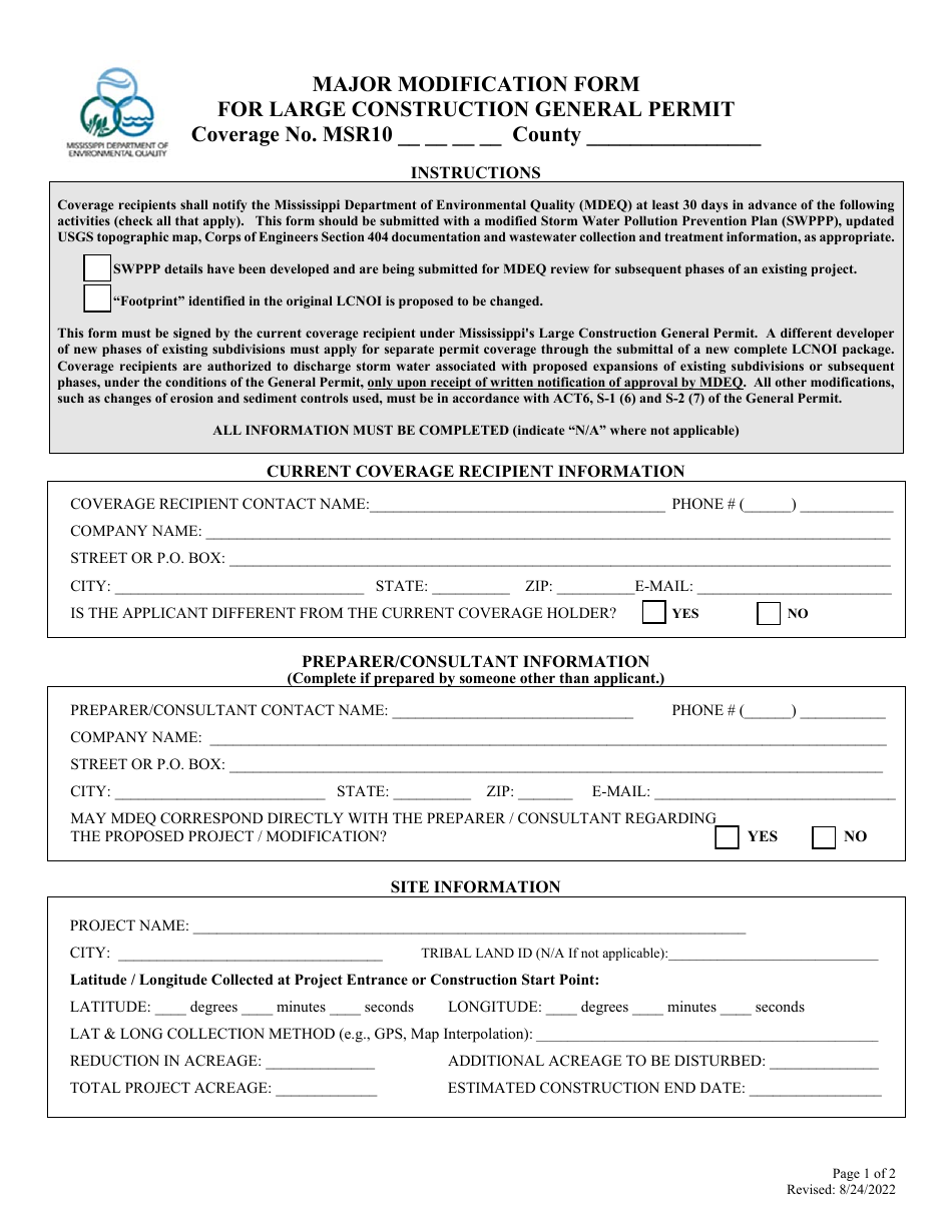 Major Modification Form for Large Construction General Permit - Mississippi, Page 1
