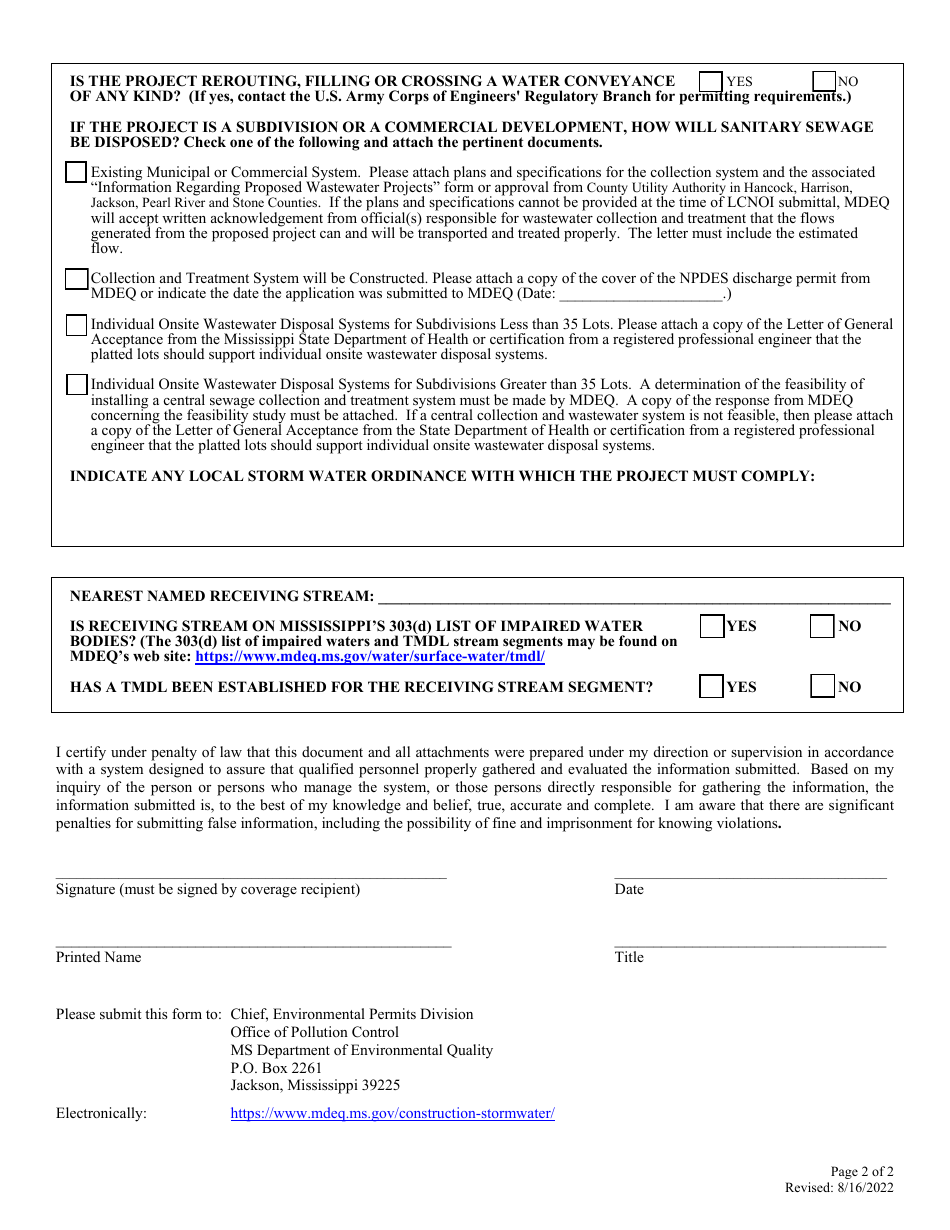 Major Modification Form for Large Construction General Permit - Mississippi, Page 2