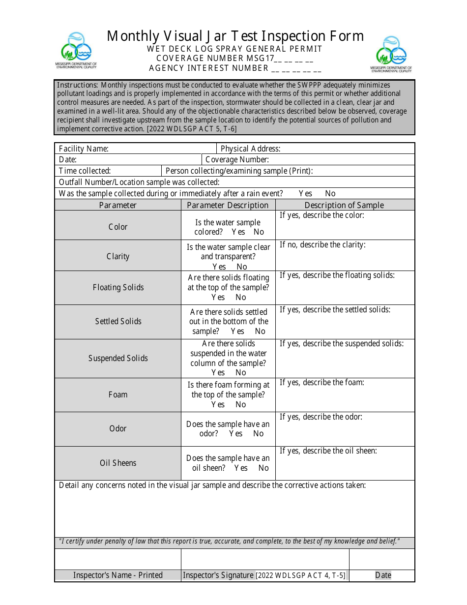 Monthly Visual Jar Test Inspection Form - Wet Deck Log Spray General Permit - Mississippi, Page 1