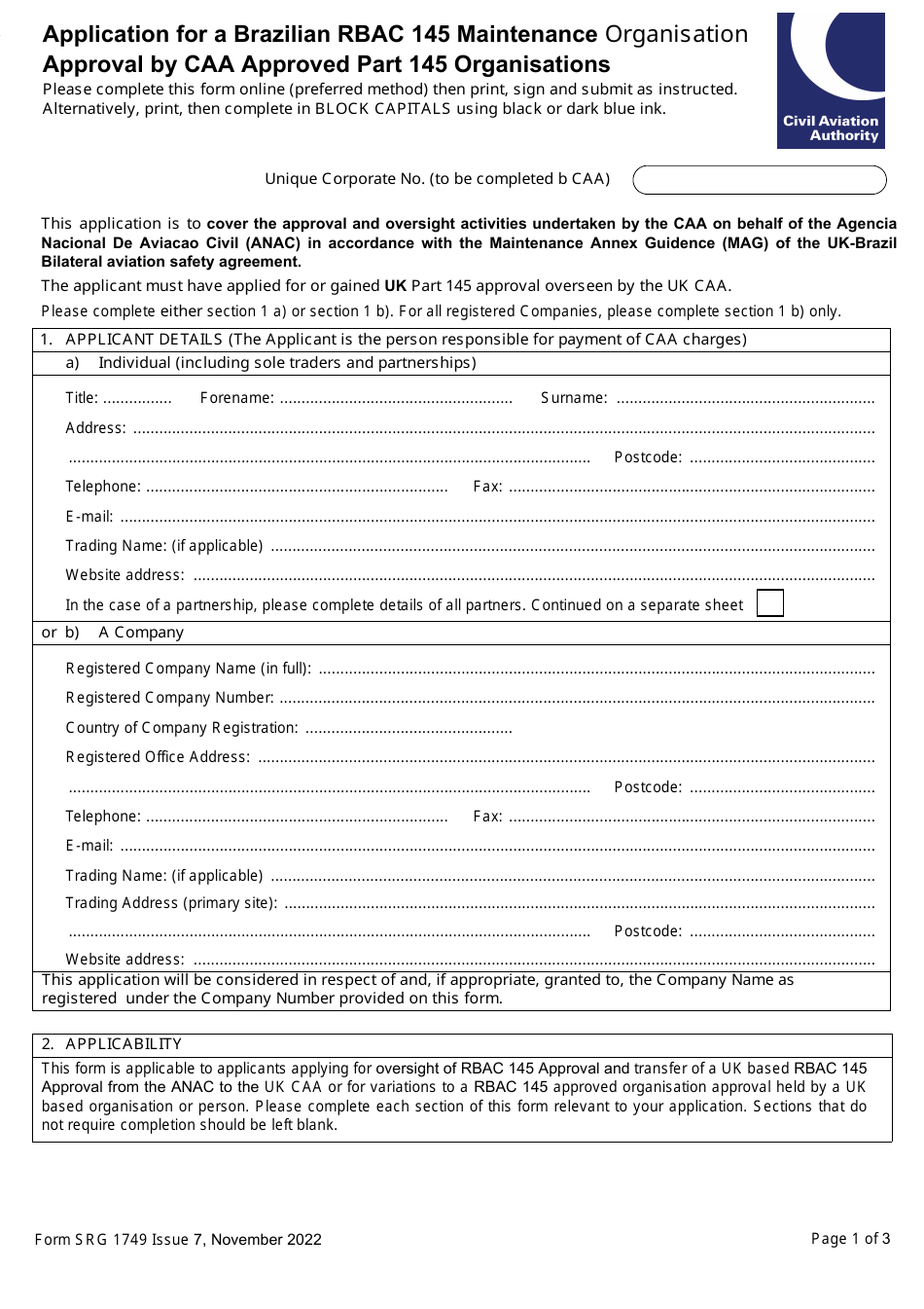 Form SRG1749 Application for a Brazilian Rbac 145 Maintenance Organisation Approval by Caa Approved Part 145 Organisations - United Kingdom, Page 1