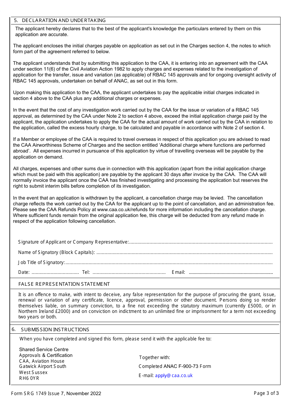 Form SRG1749 Application for a Brazilian Rbac 145 Maintenance Organisation Approval by Caa Approved Part 145 Organisations - United Kingdom, Page 3