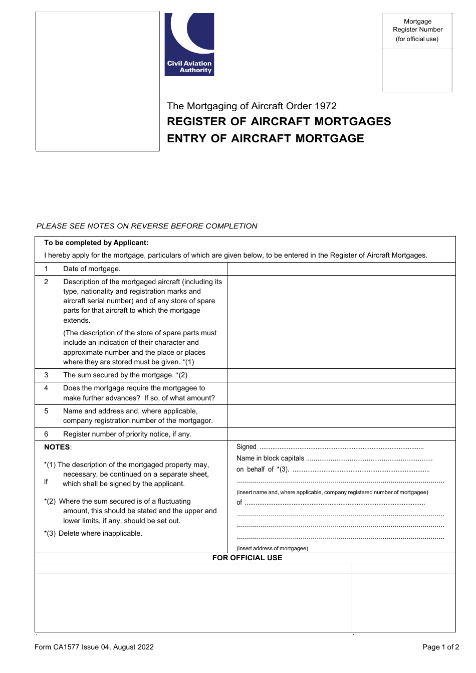 Form CA1577 Register of Aircraft Mortgages Entry of Aircraft Mortgage - United Kingdom, Page 1