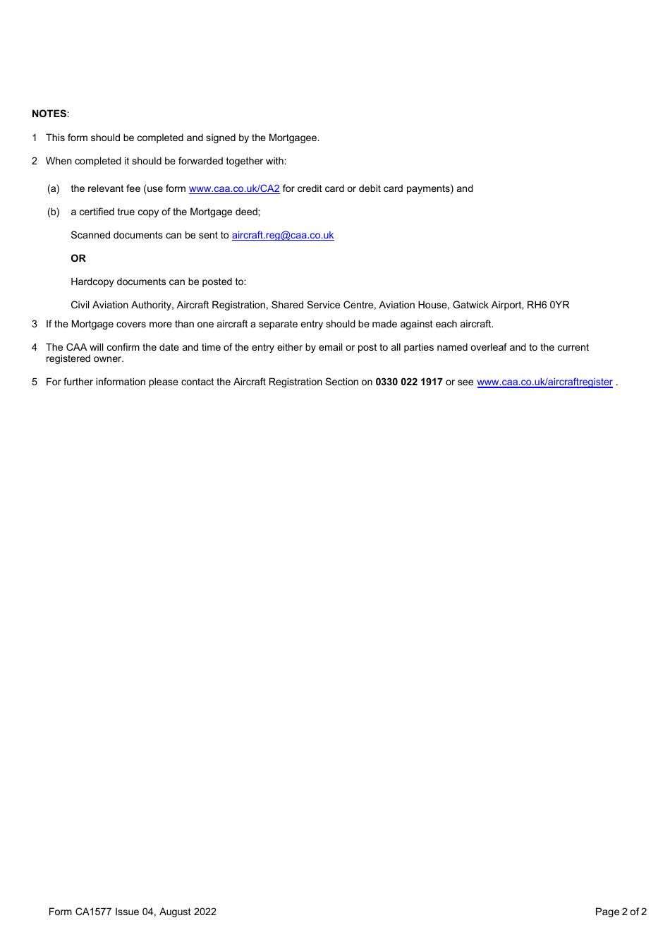 Form CA1577 Register of Aircraft Mortgages Entry of Aircraft Mortgage - United Kingdom, Page 2