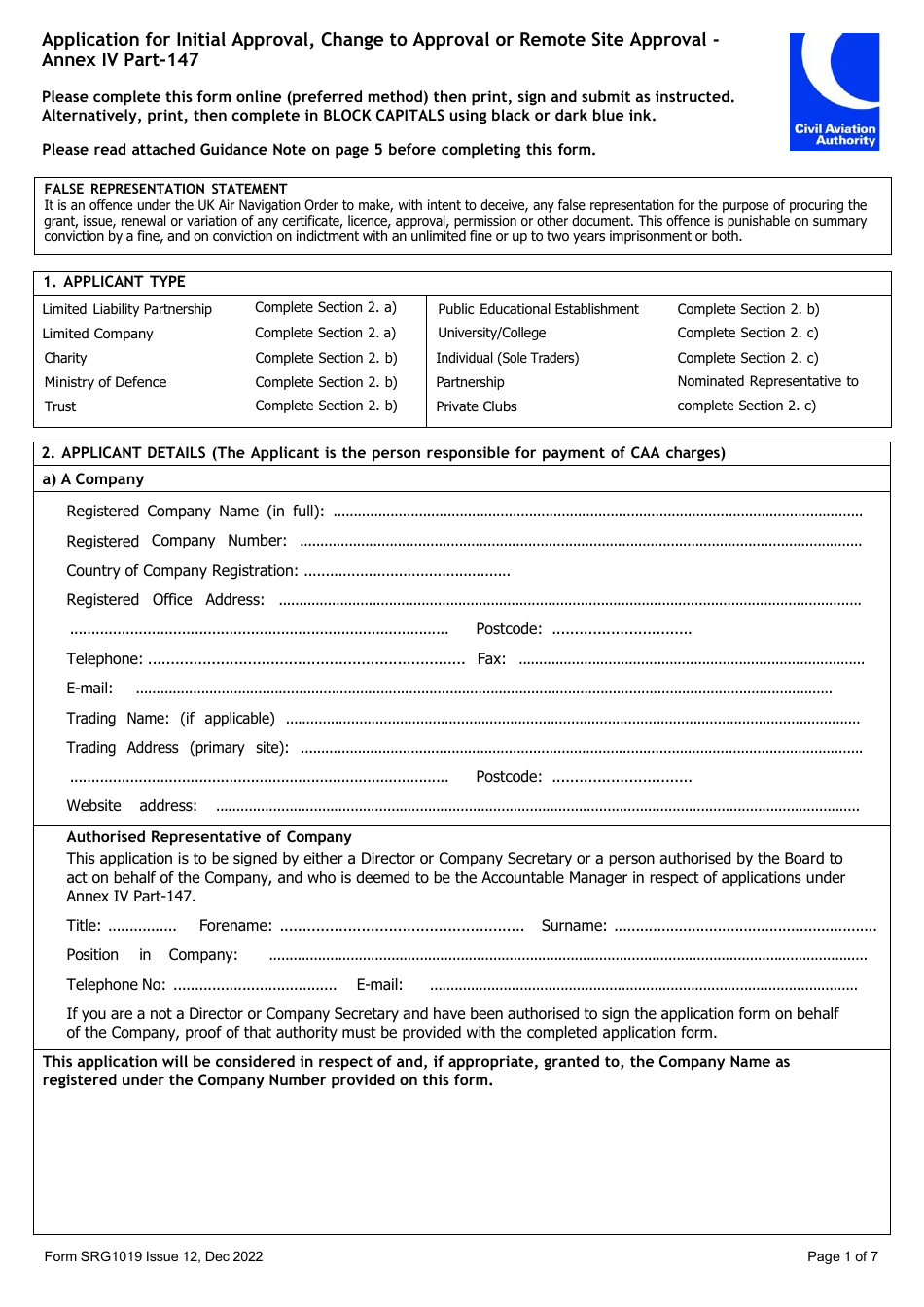 Form SRG1019 Application for Initial Approval, Change to Approval or Remote Site Approval Under Ec Regulation 1321 / 2014 Annex IV Part-147 - United Kingdom, Page 1