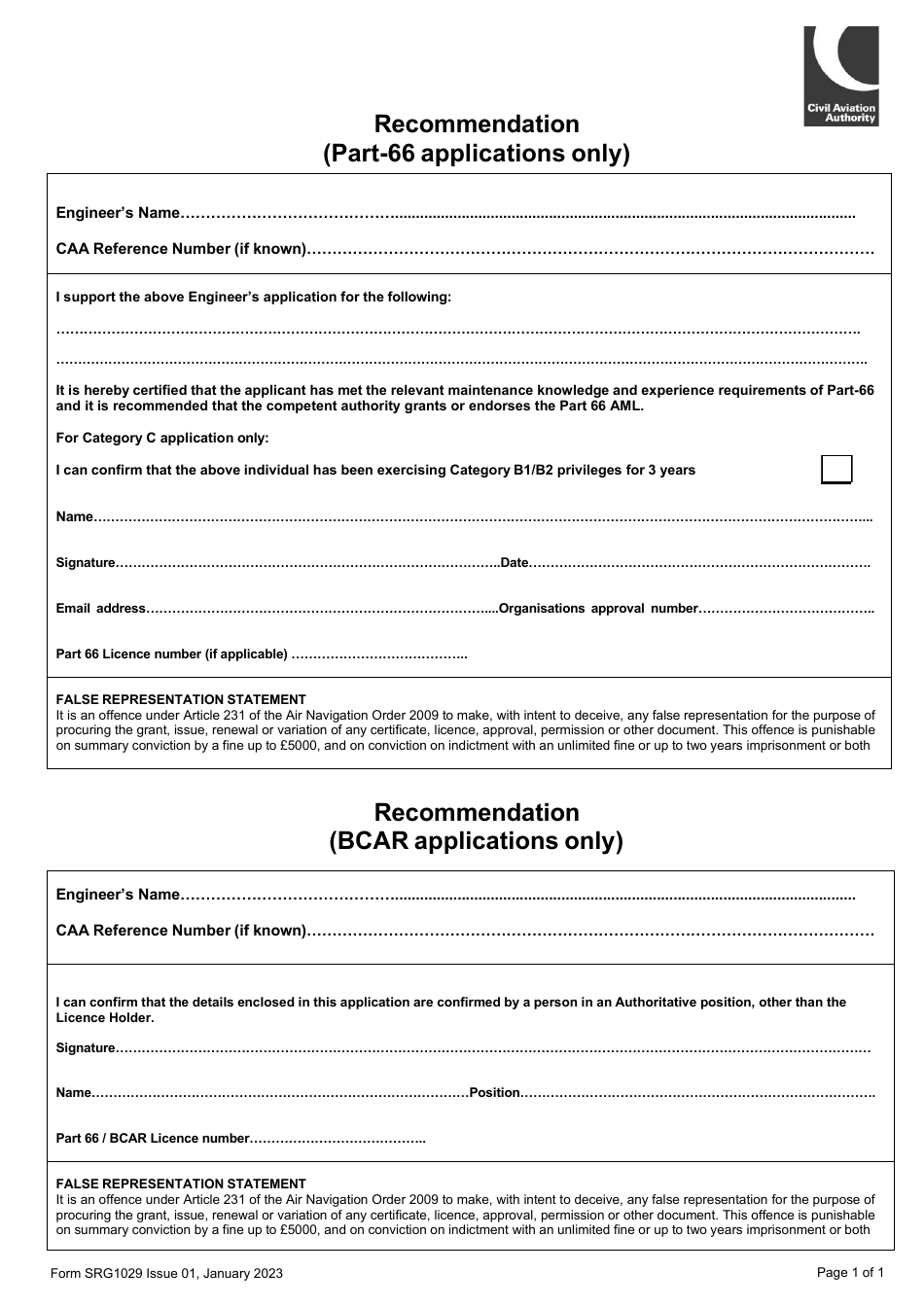 Form SRG1029 Recommendation Attachment for Bcar and Part-66 Applications - United Kingdom, Page 1