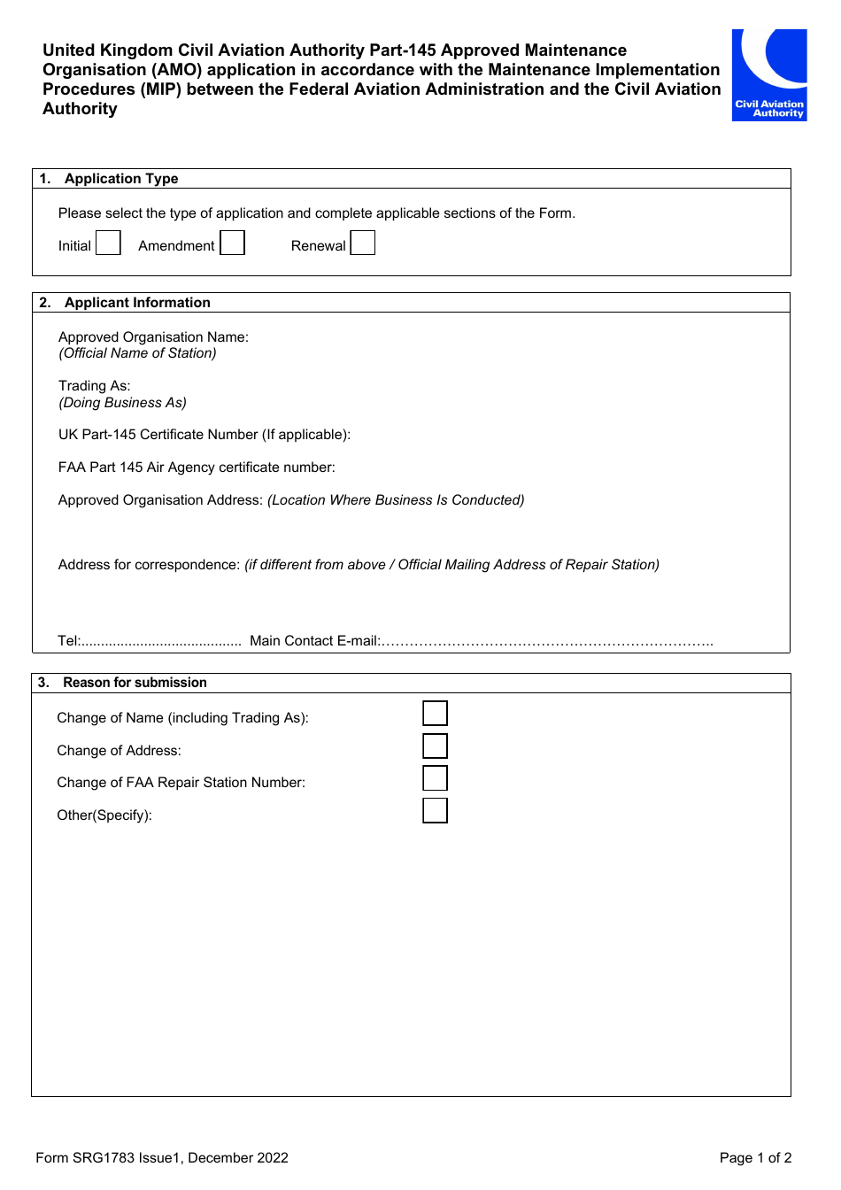 Form SRG1783 United Kingdom Civil Aviation Authority Part-145 Approved Maintenance Organisation (Amo) Application in Accordance With the Maintenance Implementation Procedures (Mip) Between the Federal Aviation Administration and the Civil Aviation Authority - United Kingdom, Page 1