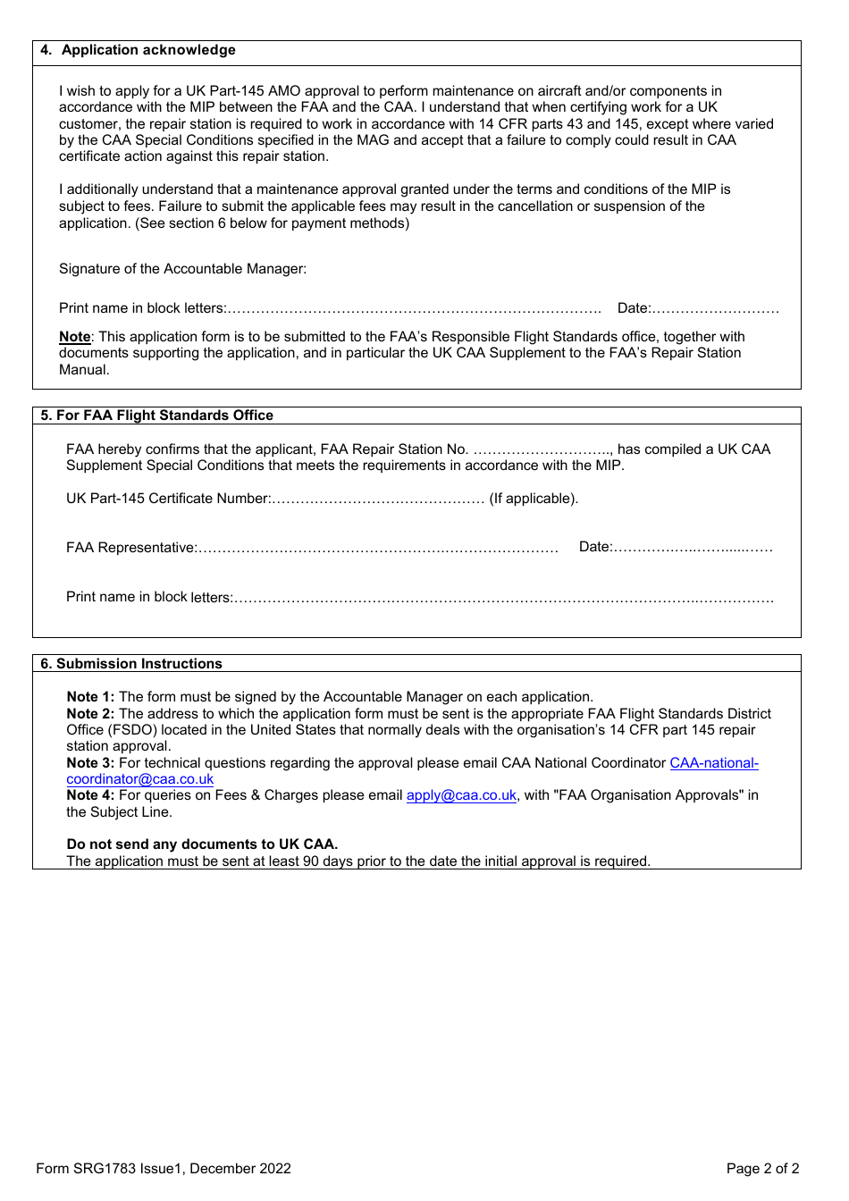 Form SRG1783 United Kingdom Civil Aviation Authority Part-145 Approved Maintenance Organisation (Amo) Application in Accordance With the Maintenance Implementation Procedures (Mip) Between the Federal Aviation Administration and the Civil Aviation Authority - United Kingdom, Page 2