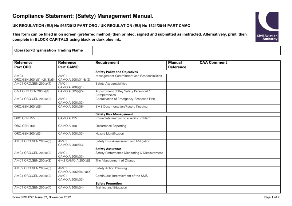 Form SRG1770 Compliance Statement: (Safety) Management Manual - United Kingdom, Page 1