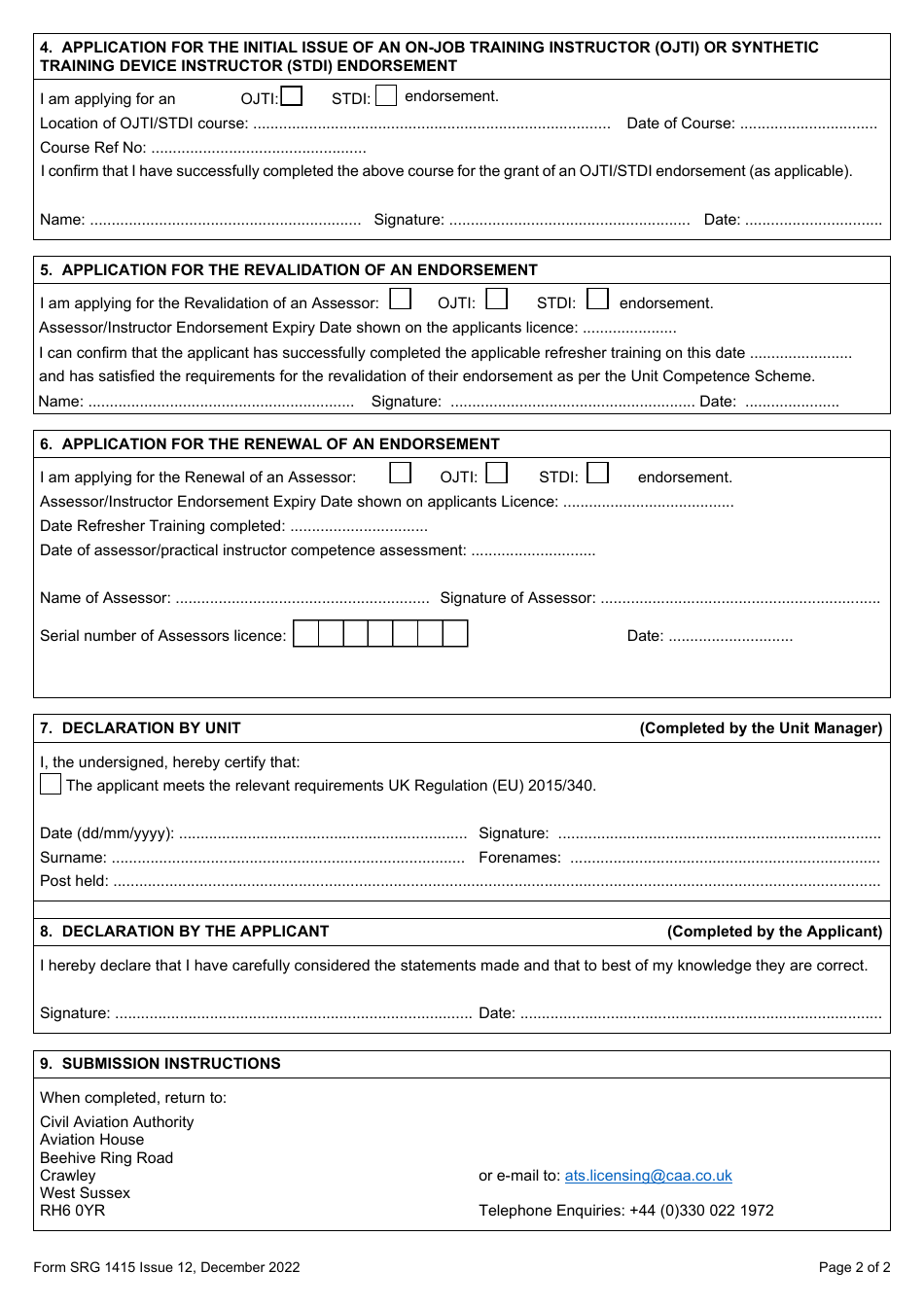 Form SRG1415 Application for the Issue, Revalidation, Renewal of Assessor, Ojti and Stdi Atco Licence Endorsements and Exchange of Ojti for an Stdi Endorsement (UK Regulation (Eu) 2015 / 340) - United Kingdom, Page 2