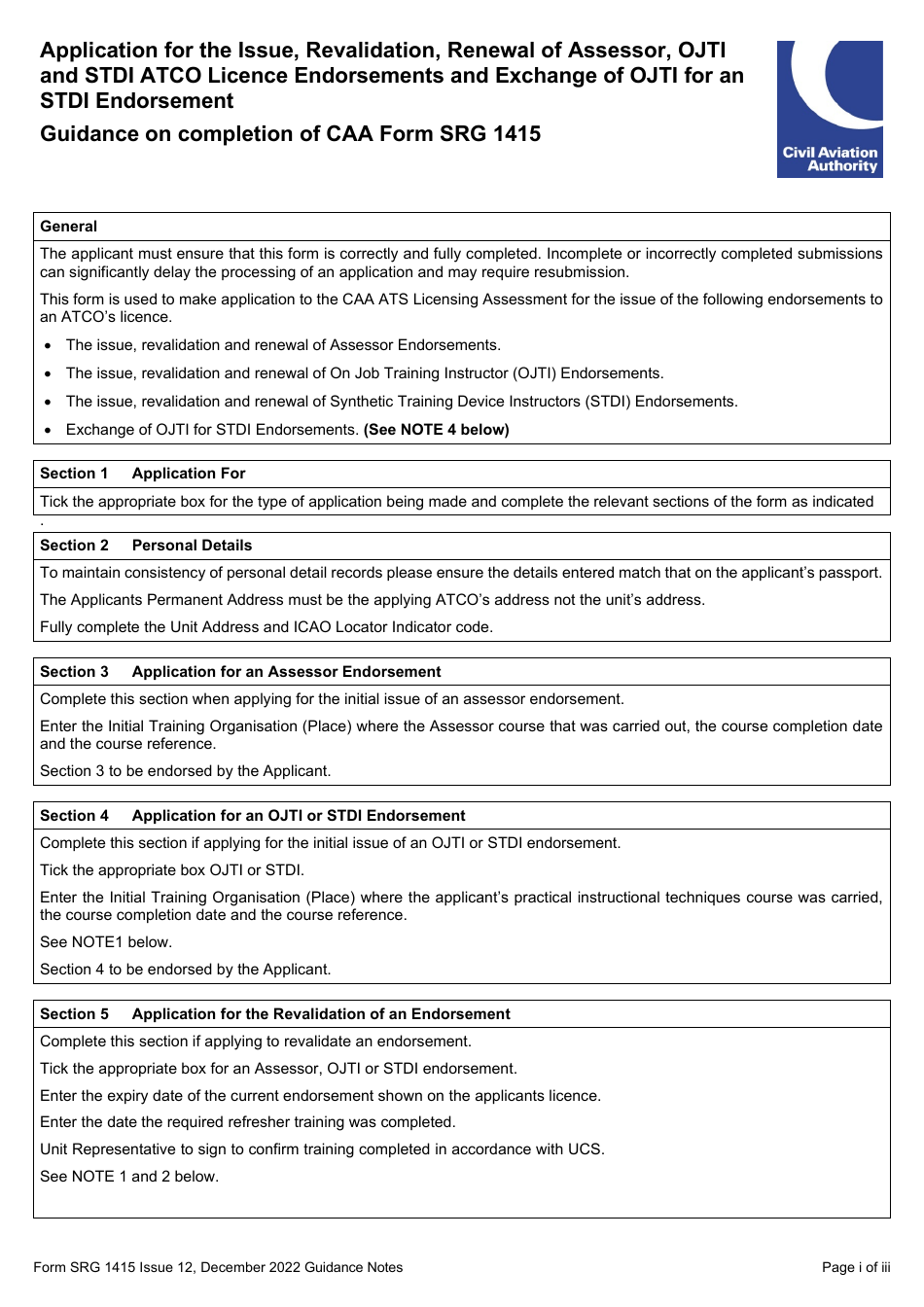 Form SRG1415 Application for the Issue, Revalidation, Renewal of Assessor, Ojti and Stdi Atco Licence Endorsements and Exchange of Ojti for an Stdi Endorsement (UK Regulation (Eu) 2015 / 340) - United Kingdom, Page 3