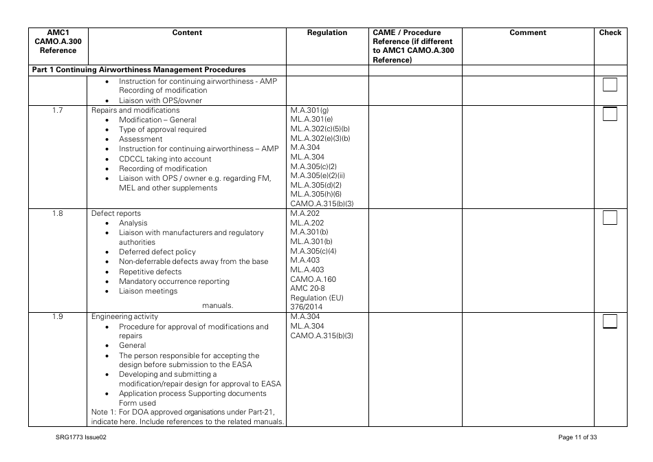 Form SRG1773 Part Camo Continuing Airworthiness Management Exposition Compliance Checklist - United Kingdom, Page 11