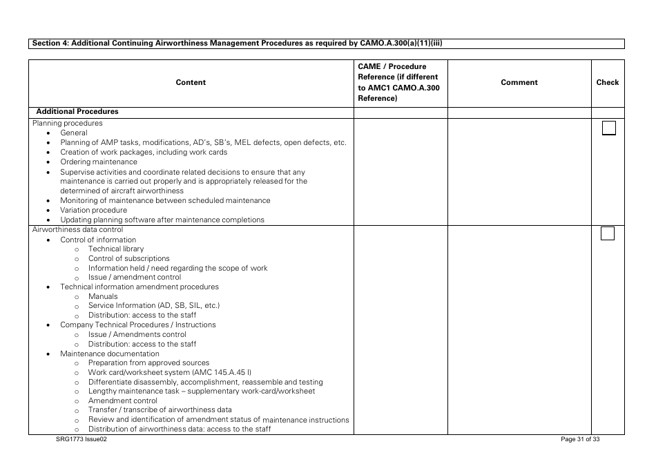 Form SRG1773 Part Camo Continuing Airworthiness Management Exposition Compliance Checklist - United Kingdom, Page 31