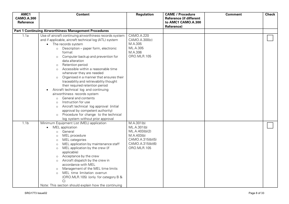Form SRG1773 Part Camo Continuing Airworthiness Management Exposition Compliance Checklist - United Kingdom, Page 8