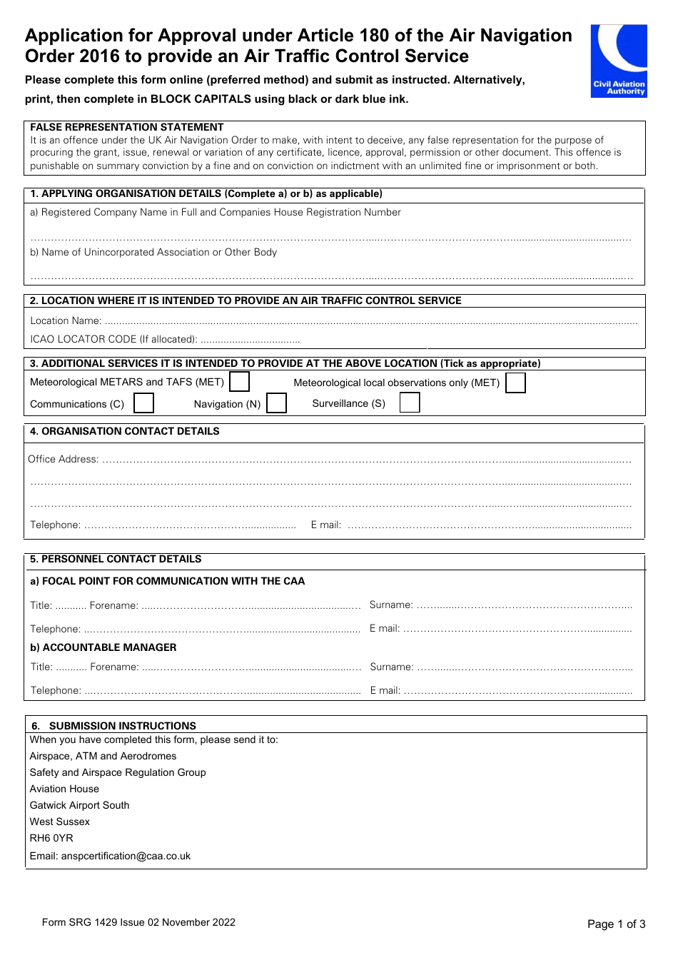 Form SRG1429 Application for Approval Under Article 180 of the Air Navigation Order 2016 to Provide an Air Traffic Control Service - United Kingdom, Page 1