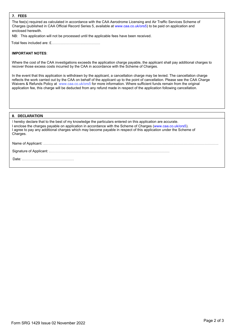 Form SRG1429 Application for Approval Under Article 180 of the Air Navigation Order 2016 to Provide an Air Traffic Control Service - United Kingdom, Page 2