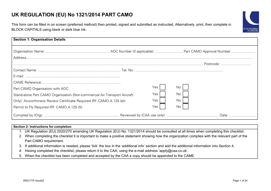 Form SRG1774 UK Regulation (Eu) No 1321/2014 Part Camo - United Kingdom