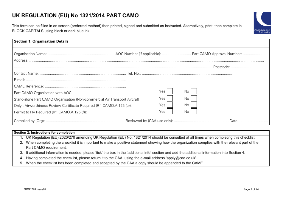 Form SRG1774 UK Regulation (Eu) No 1321 / 2014 Part Camo - United Kingdom, Page 1
