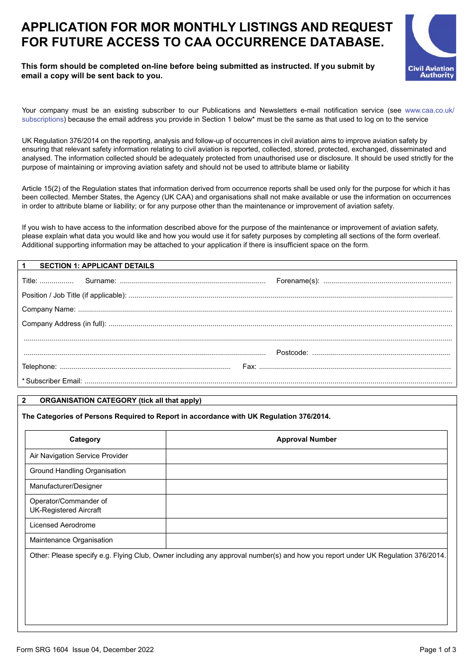 Form SRG1604 Application for Mor Monthly Listings and Request for Future Access to Caa Occurrence Database - United Kingdom, Page 1
