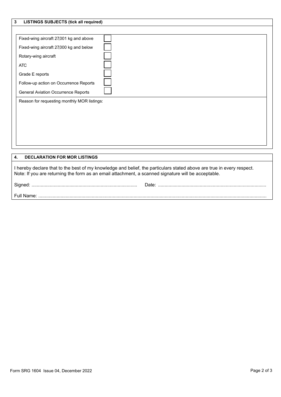 Form SRG1604 Application for Mor Monthly Listings and Request for Future Access to Caa Occurrence Database - United Kingdom, Page 2