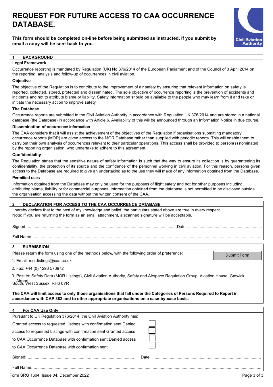Form SRG1604 Application for Mor Monthly Listings and Request for Future Access to Caa Occurrence Database - United Kingdom, Page 3