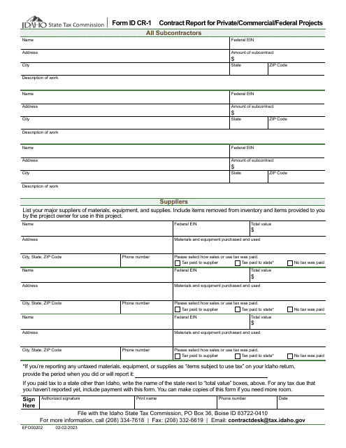 Form ID CR-1 (EFO00202) Contract Report for Private/Commercial/Federal Projects - Idaho