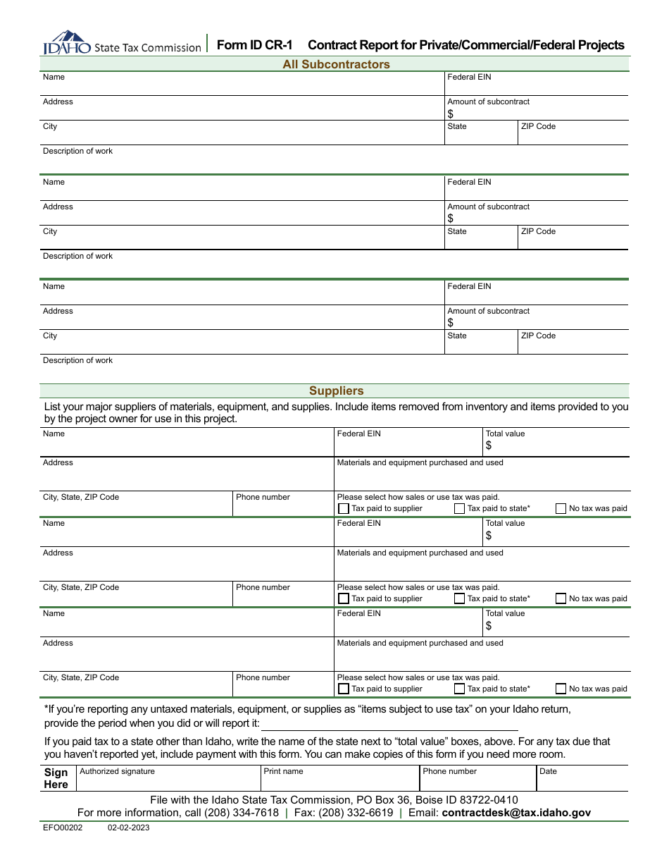 Form ID CR-1 (EFO00202) Contract Report for Private / Commercial / Federal Projects - Idaho, Page 1