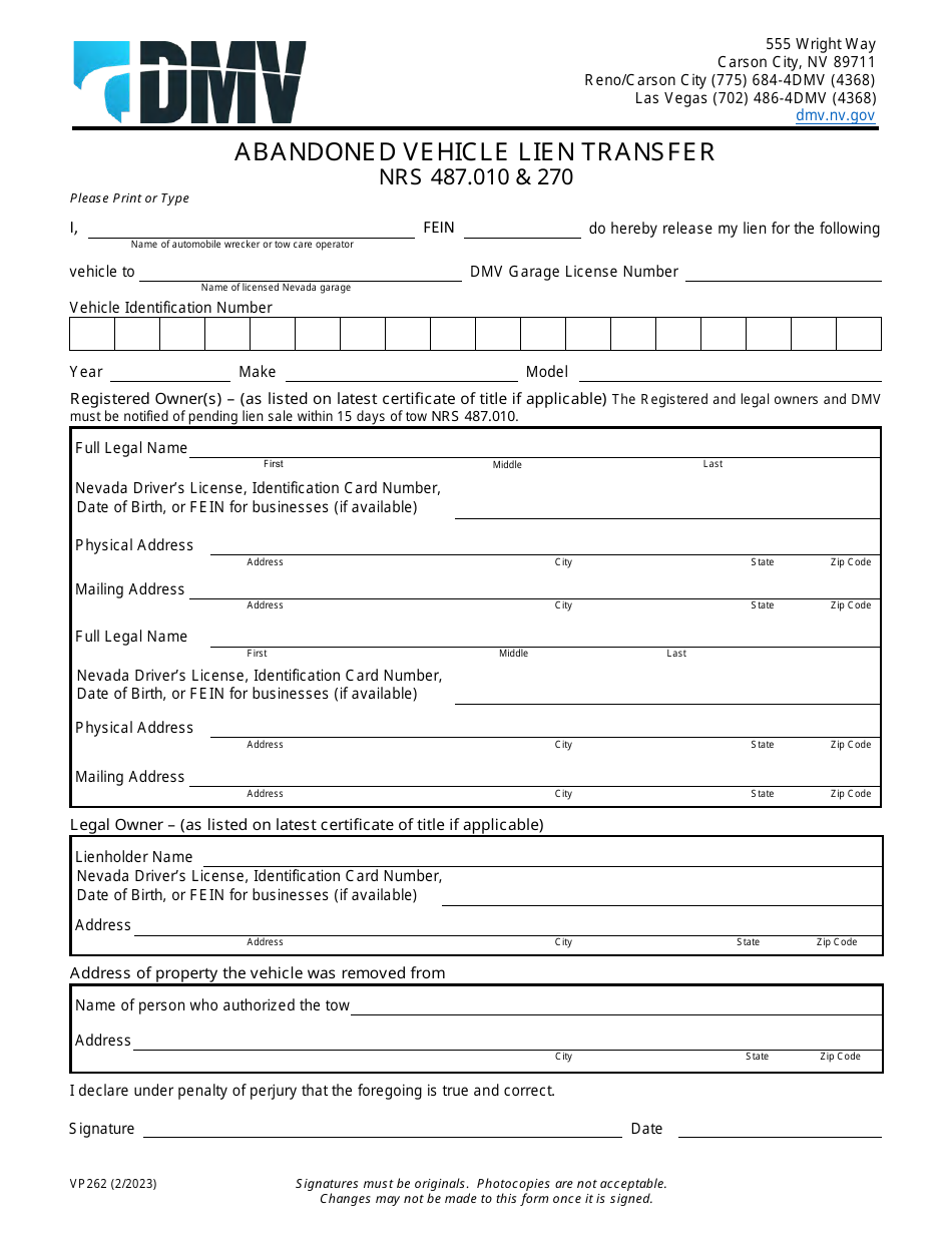 Form VP262 Abandoned Vehicle Lien Transfer - New York, Page 1