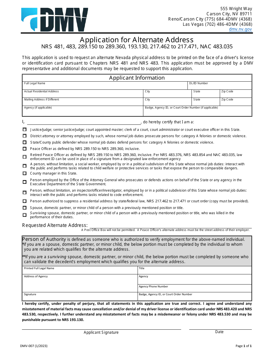 Form DMV-007 Application for Alternate Address - New York, Page 1