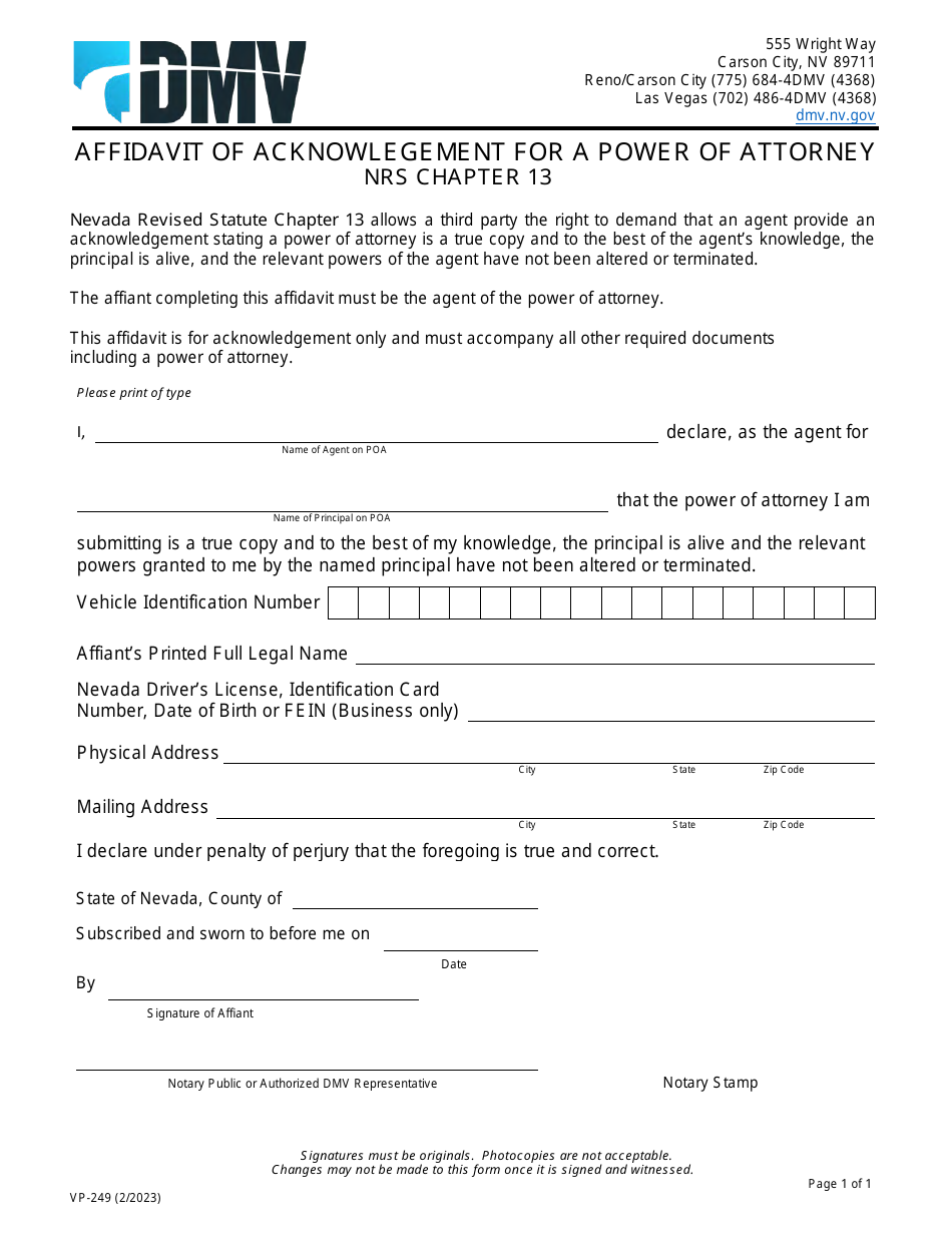 Form VP-249 Affidavit of Acknowledgement for a Power of Attorney - Nevada, Page 1
