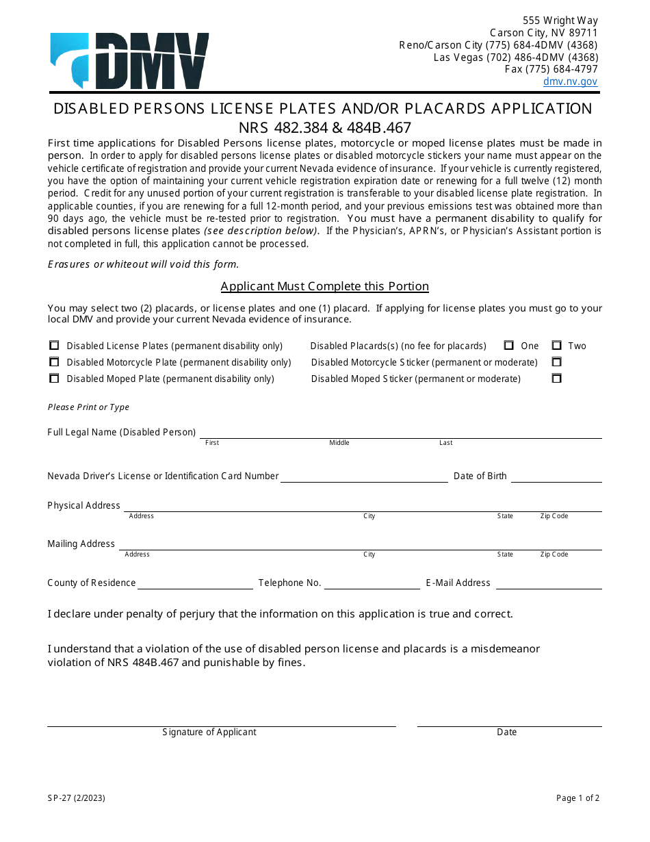 Form SP-27 Disabled Persons License Plates and / or Placards Application - Nevada, Page 1