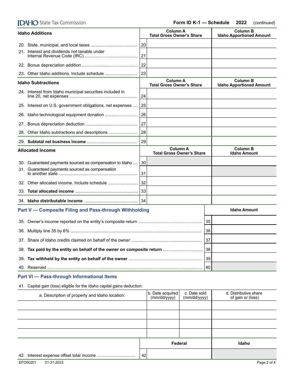 Form ID K-1 (EFO00201) Partners, Shareholders, or Beneficiarys Share of Idaho Adjustments, Credits, Etc. - Idaho, Page 2