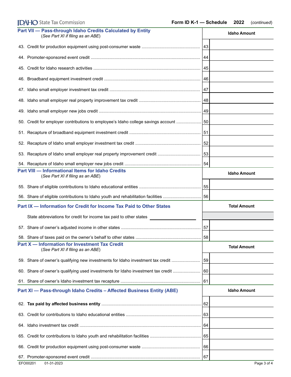 Form ID K-1 (EFO00201) Partners, Shareholders, or Beneficiarys Share of Idaho Adjustments, Credits, Etc. - Idaho, Page 3