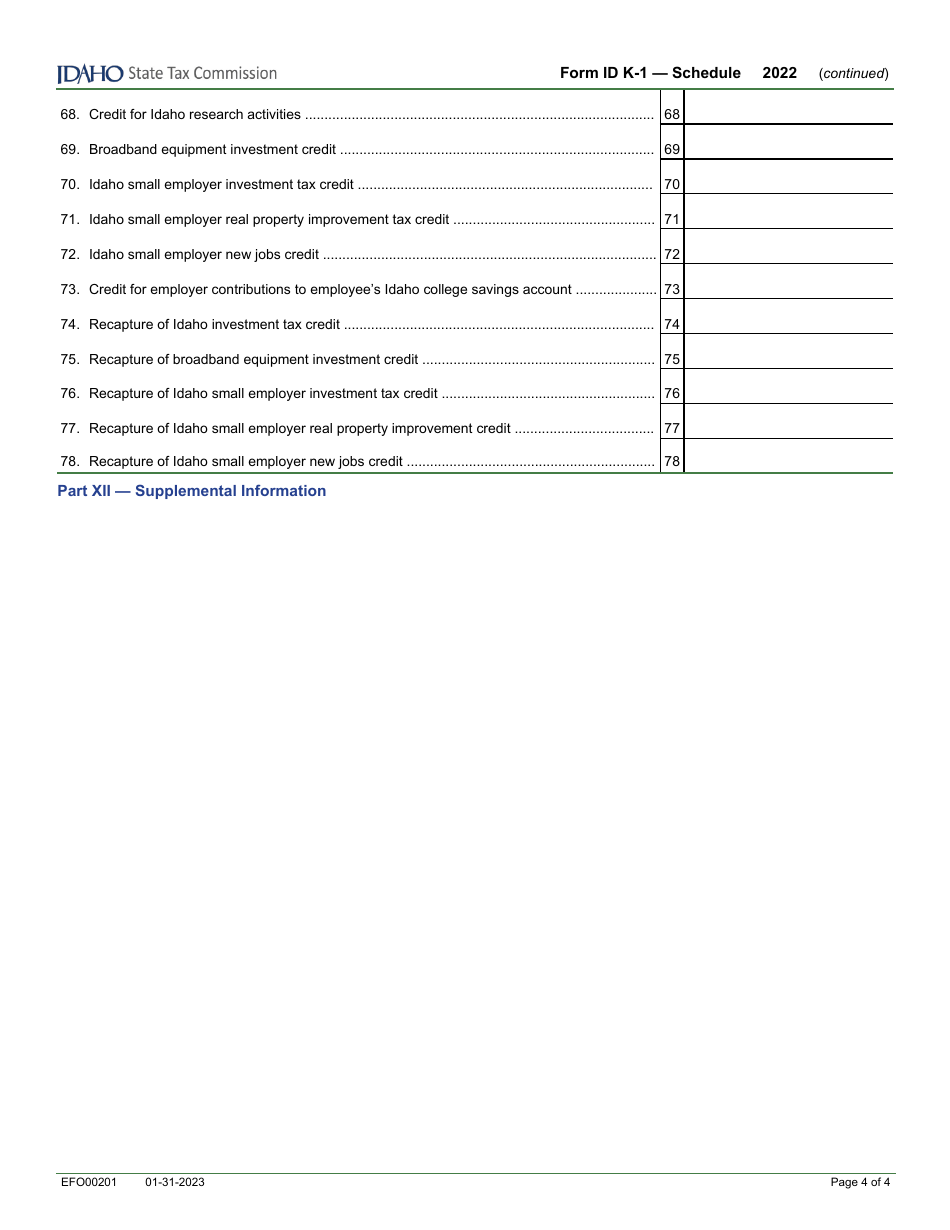 Form ID K-1 (EFO00201) Partners, Shareholders, or Beneficiarys Share of Idaho Adjustments, Credits, Etc. - Idaho, Page 4