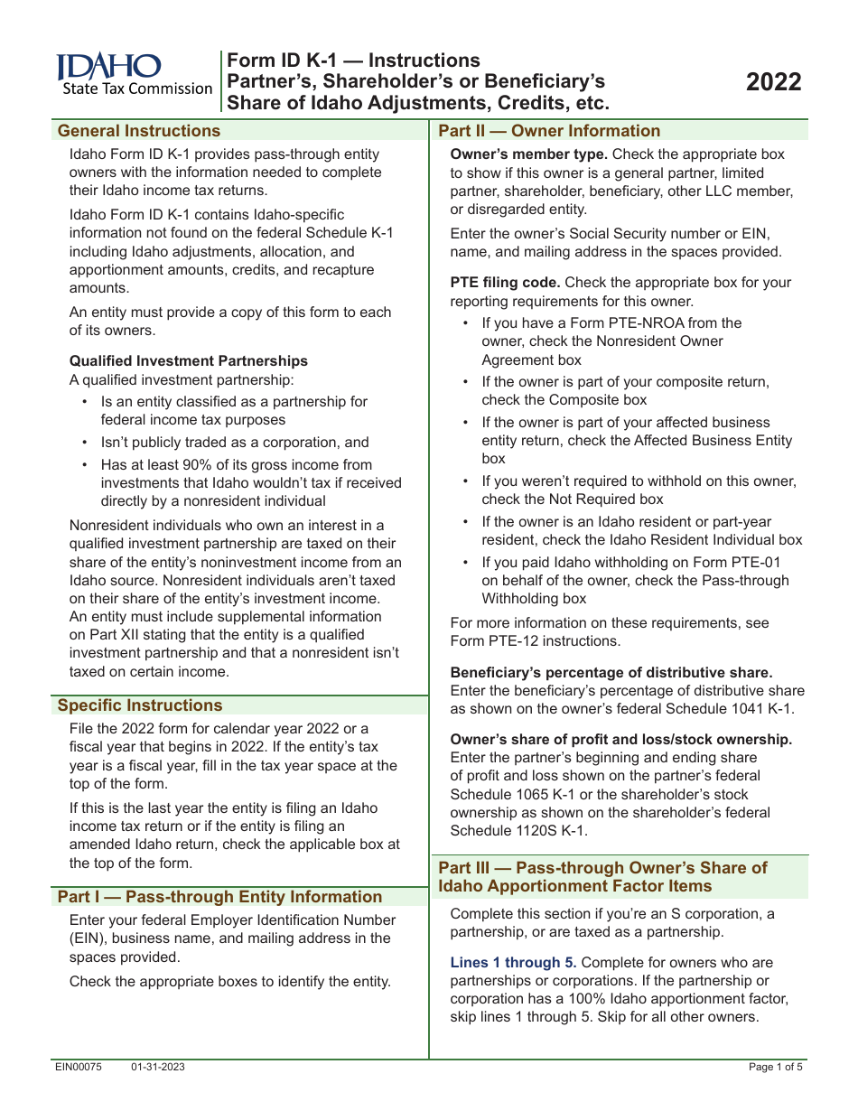 Form ID K-1 (EFO00201) Partners, Shareholders, or Beneficiarys Share of Idaho Adjustments, Credits, Etc. - Idaho, Page 5