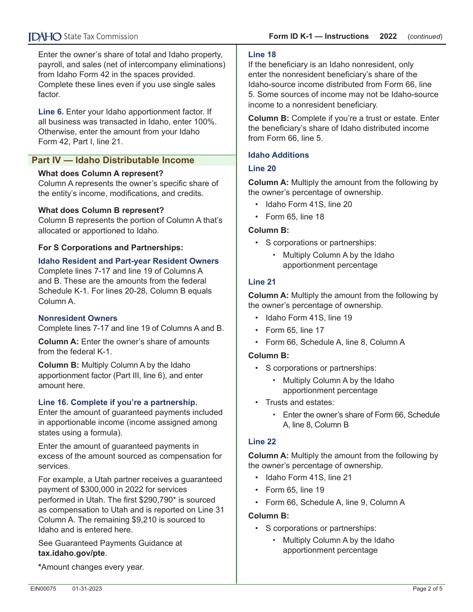 Form ID K-1 (EFO00201) Partners, Shareholders, or Beneficiarys Share of Idaho Adjustments, Credits, Etc. - Idaho, Page 6
